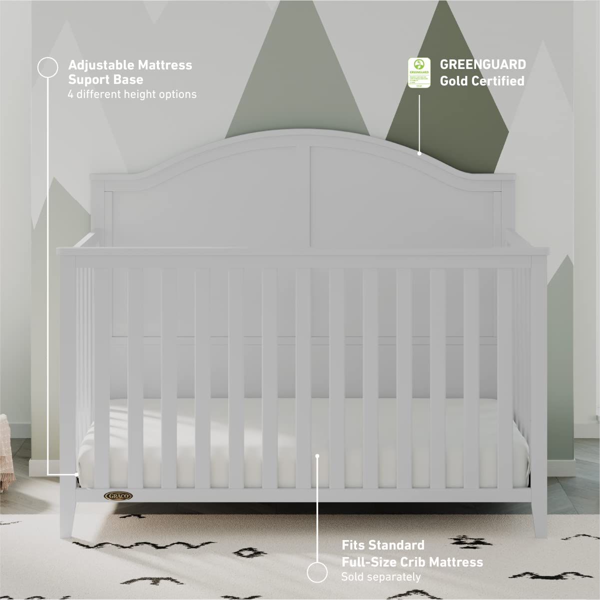 Graco Wilfred 5-In-1 Convertible Crib (White) - Greenguard Gold Certified, Converts To Toddler Bed And Full-Size Bed, Fits Stand