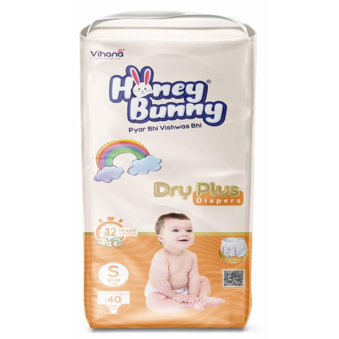 Honey Bunny Baby Diaper Pants | Dry Plus Protection With 360 Soft Elastic Waistband | Upto 12 Hours Protection | Small (4 To 8 K