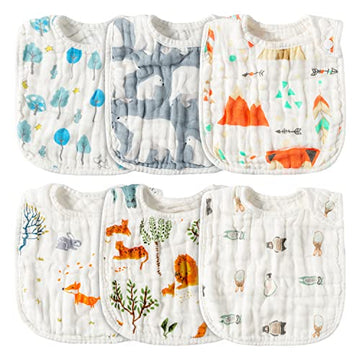 Zainpe 6Pcs Snap Muslin Cotton Bibs For Baby Bear Fox Deer Dog Bib Adjustable Machine Washable Burp Cloths With 6 Absorbent Soft