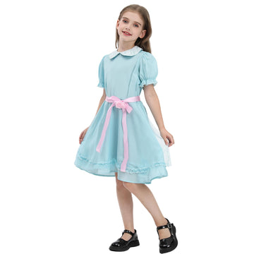 Cr Rolecos The Grady Twins Costume For Kids Girls Blue Creepy Sister Scary Doll Dress Halloween Party A150