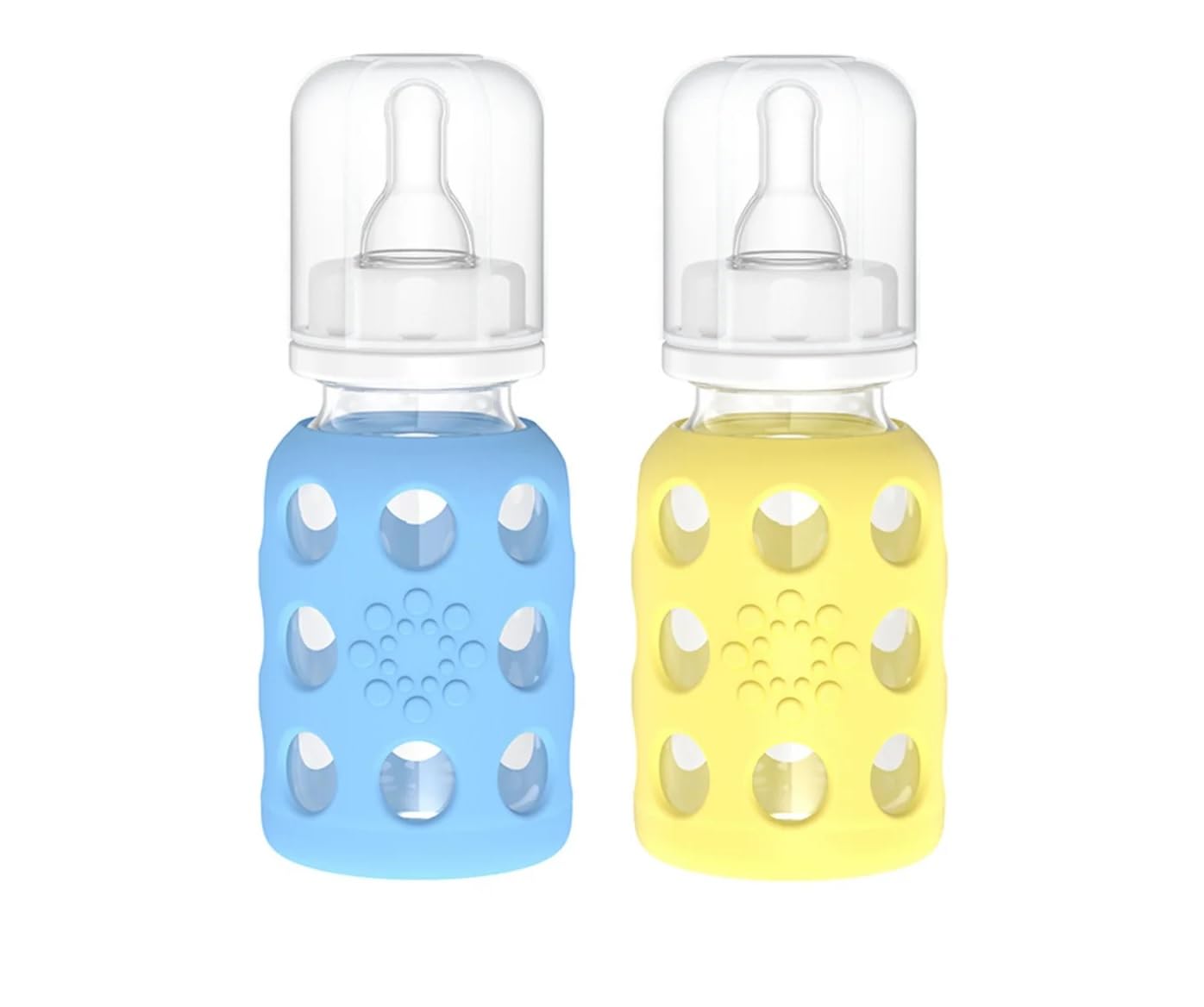 Lifefactory Glass Baby Bottles With Silicone Protection - 2-Pack, 4 Oz Bottles, Sky Blue & Banana