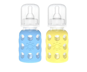 Lifefactory Glass Baby Bottles With Silicone Protection - 2-Pack, 4 Oz Bottles, Sky Blue & Banana