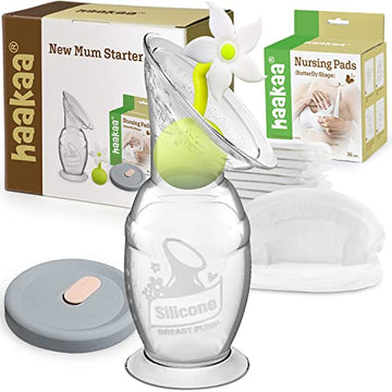 Haakaa Silicone Breast Pump Manual Breast Pump With Suction Base, Flower Stopper And Silicone Lid(5Oz/150Ml) (White) +Disposable