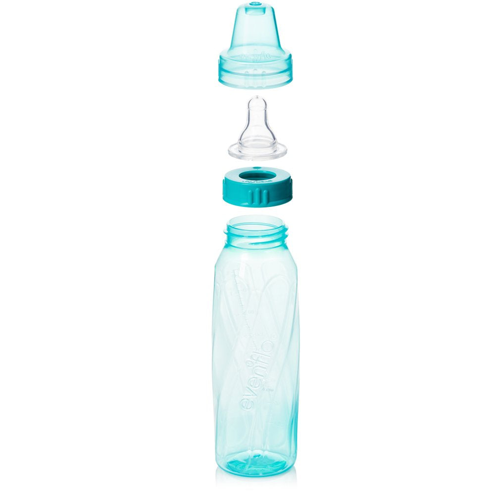 Evenflo Feeding Classic Tinted Plastic Standard Neck Bottles For Baby, Infant And Newborn - Teal/Green/Blue, 8 Ounce (Pack Of 12