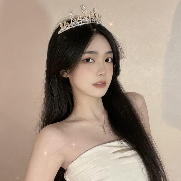 Yovecathou Girls Gold Tiara Princess Crown Headband Rhinestone Hairpiece For Halloween Costume Wedding Bridal Prom Birthday Part