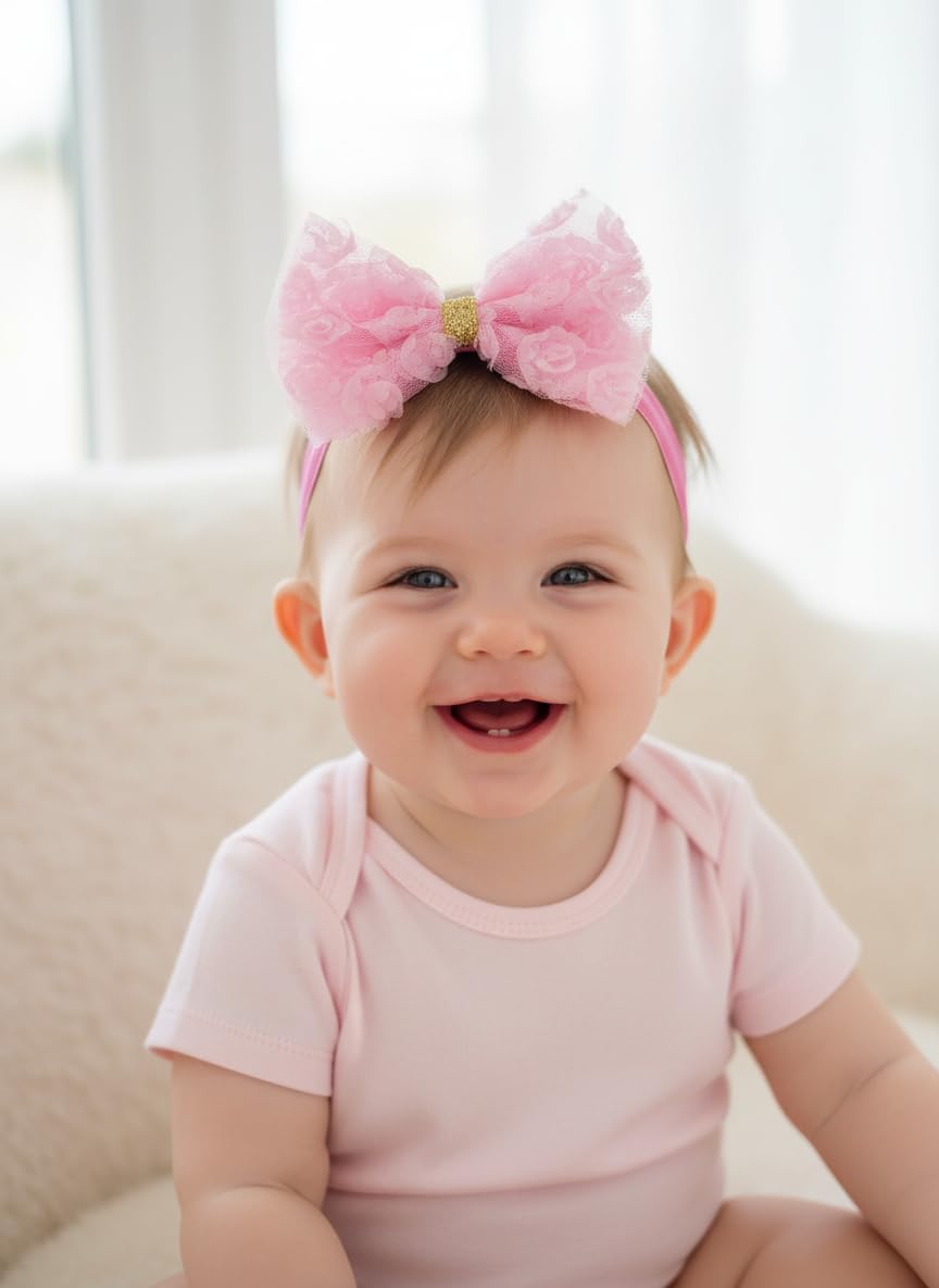 Fairytale Soft Stretchable Elastic Floral Bow Headband For Girls, Lace With Gold Accent Kids Girls Hair Accessories. (Pink)