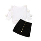 Kids Toddler Baby Girl Fall Winter Outfit Long Sleeve Pompom Knitted Shirt Sweater Top Button Skirt 2Pcs Clothes Set (White, 4-5