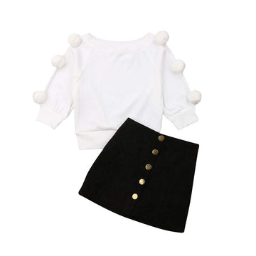 Kids Toddler Baby Girl Fall Winter Outfit Long Sleeve Pompom Knitted Shirt Sweater Top Button Skirt 2Pcs Clothes Set (White, 4-5