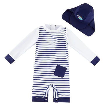 Baby Swimsuit Boy One Piece Rashguard With Hat Upf 50+ Sun Protection ,Blue Stripes,12-18 Months