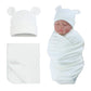 Pesaat Baby Swaddle Hat Set Bear Ears Boys Girls Beanie Newborn Baby Receiving Blanket Autumn Winter (White(Hat+Swaddle), 0-6 Mo