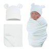 Pesaat Baby Swaddle Hat Set Bear Ears Boys Girls Beanie Newborn Baby Receiving Blanket Autumn Winter (White(Hat+Swaddle), 0-6 Mo