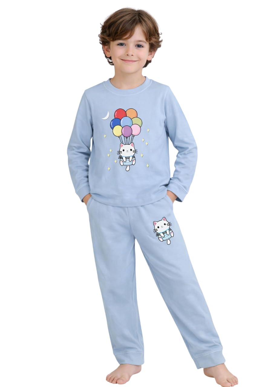 Seher Threads Kids Nightwear Set, Multiple Colors and Prints, Long Sleeve Top and Pyjama Pants (Sky Blue  Kitty, 1012 Year)