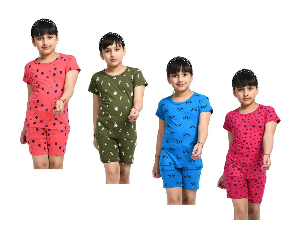 IndiWeaves Girls Cotton Printed Night Suits Tshirts and Shorts Set Summer (Pack of 4) Caret::Dark Green&::Blue::Red