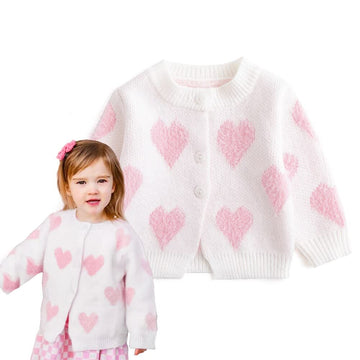 Simplee Kids Baby Sweater Heart Cardigan White Pink Heart Knit Coat For Winter Spring Valentine'S Day For 12-18 Month