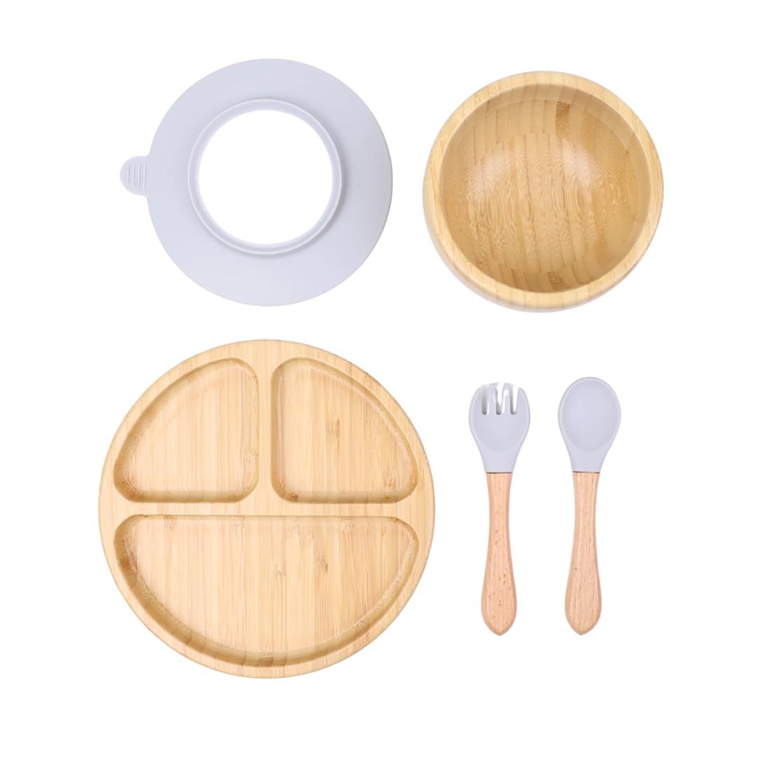 KhaNoor Bamboo Toddler Plate & Bowl Set with Strong Suction - Includes Plate, Bowl, Spoon & Fork - Baby Plates with Suction for 
