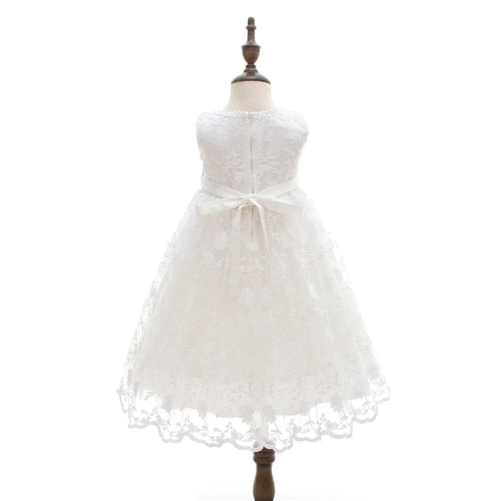 Baby Girls Floral Embroidered Overlay Sleeveless Christening Gown Baptism Tulle Dress With Bonnet Ivory Size 24M / 18-30Months