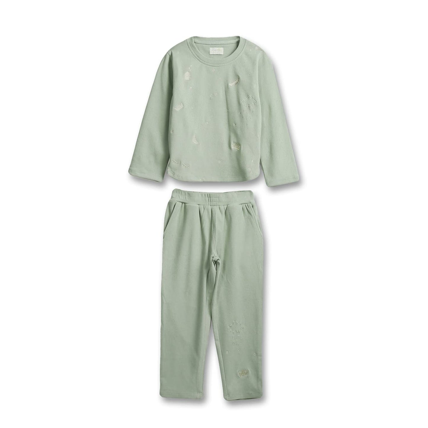 Cherry Crumble Green Embroidered Polyester Full Sleeves Round Neck Night Wear Regular Fit Lurex Embroidery Winter Nightsuit for 