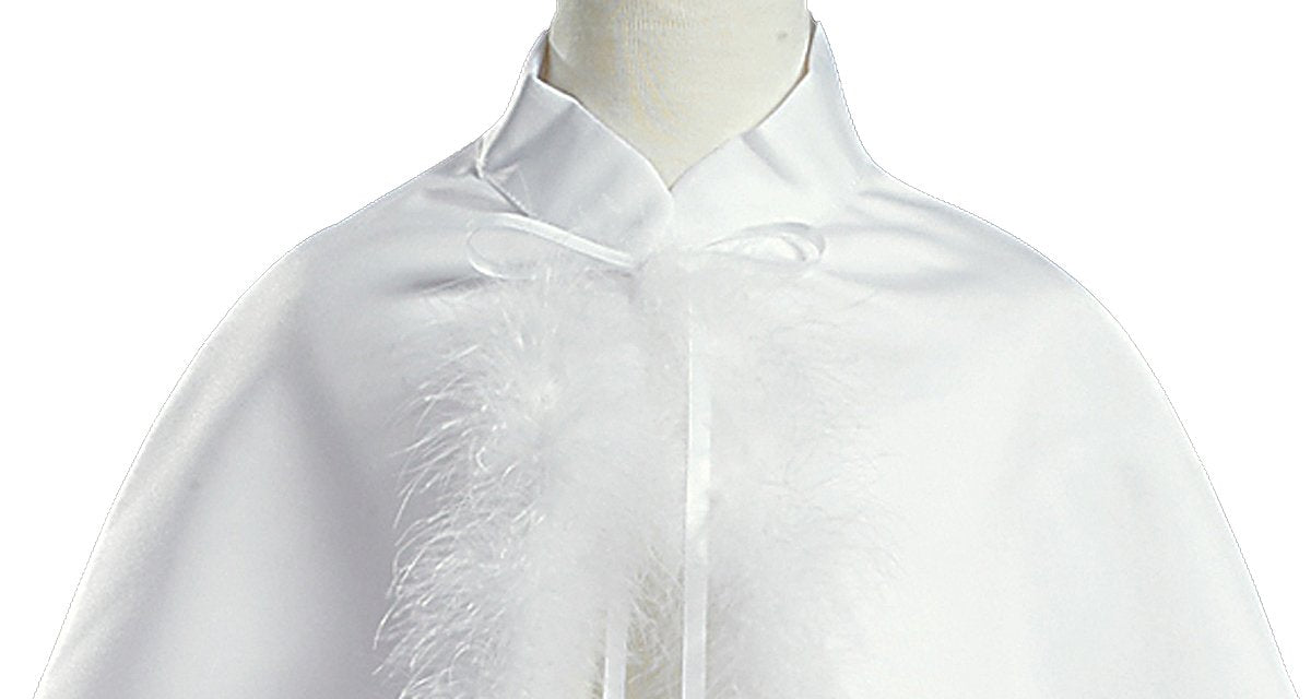 Girl'S White Satin Communion Cape With Marabou (Feather) Trims - Size M (7-10)