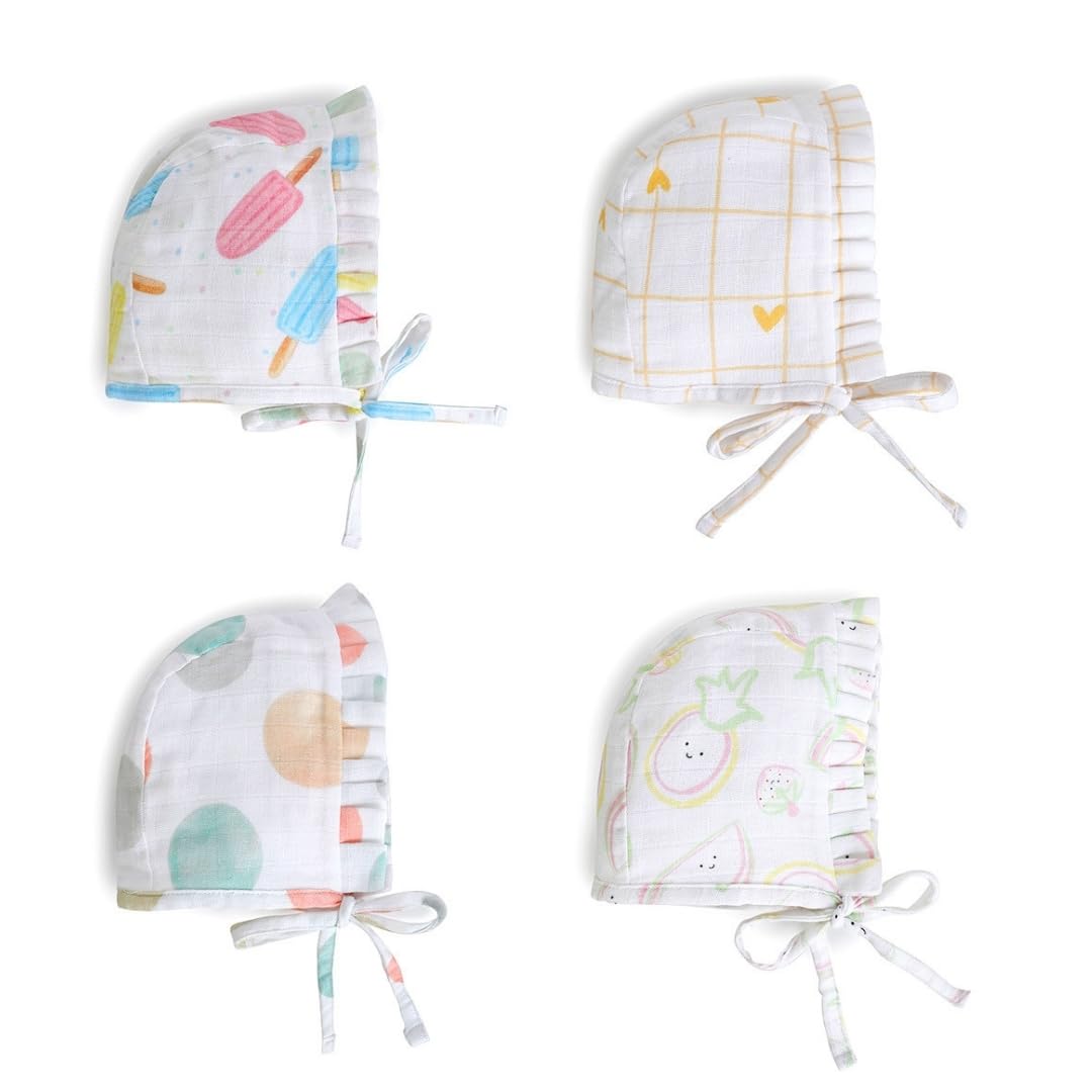 The Boo Boo Club 100% Muslin Organic Cotton Caps For New Born Baby | Mix Print And Colour | Pack Of 4 | NewBorn | Set36 Multico