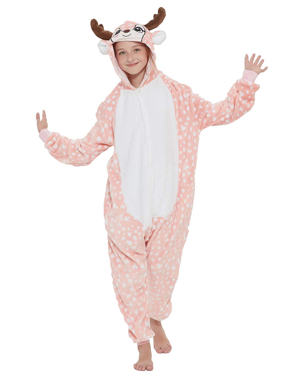 Abenca Kids Deer Onesie Reindeer Costume Animal Girls Pajamas Christmas Halloween Cosplay Sleepwear.Pink Deer.140