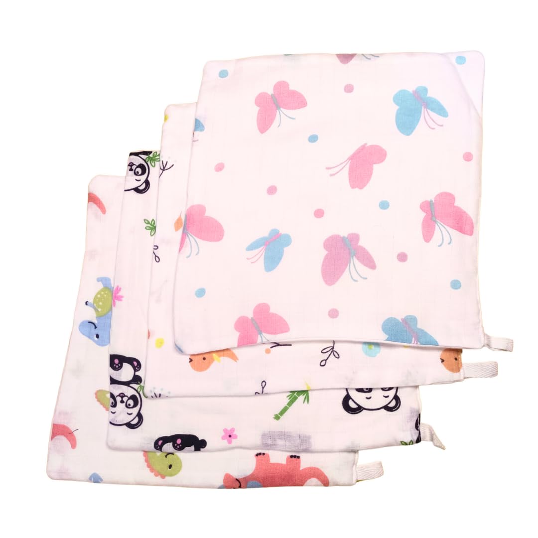 BEALUV Muslin 3 Layer Wash Cloth with Hook Soft Hankies Cotton Face Towel Handkerchief for Baby New |Wipes 10 * 10 inch Born/Inf