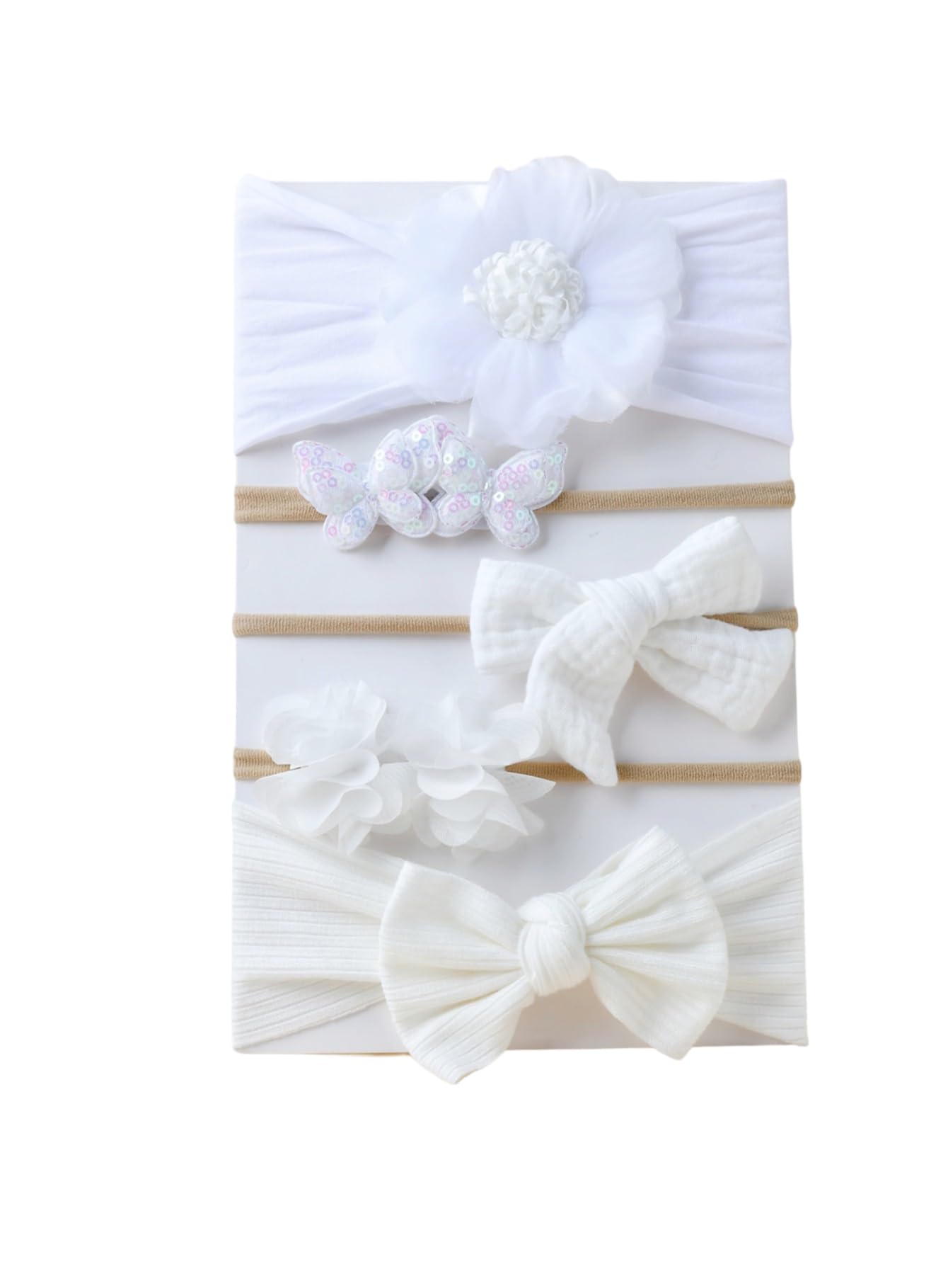 Syga 5 Pcs Baby Headband Set, Flower & Bow Design, Stretchable Nylon Hairband For Newborn Infant Toddlers Kids03 Years White