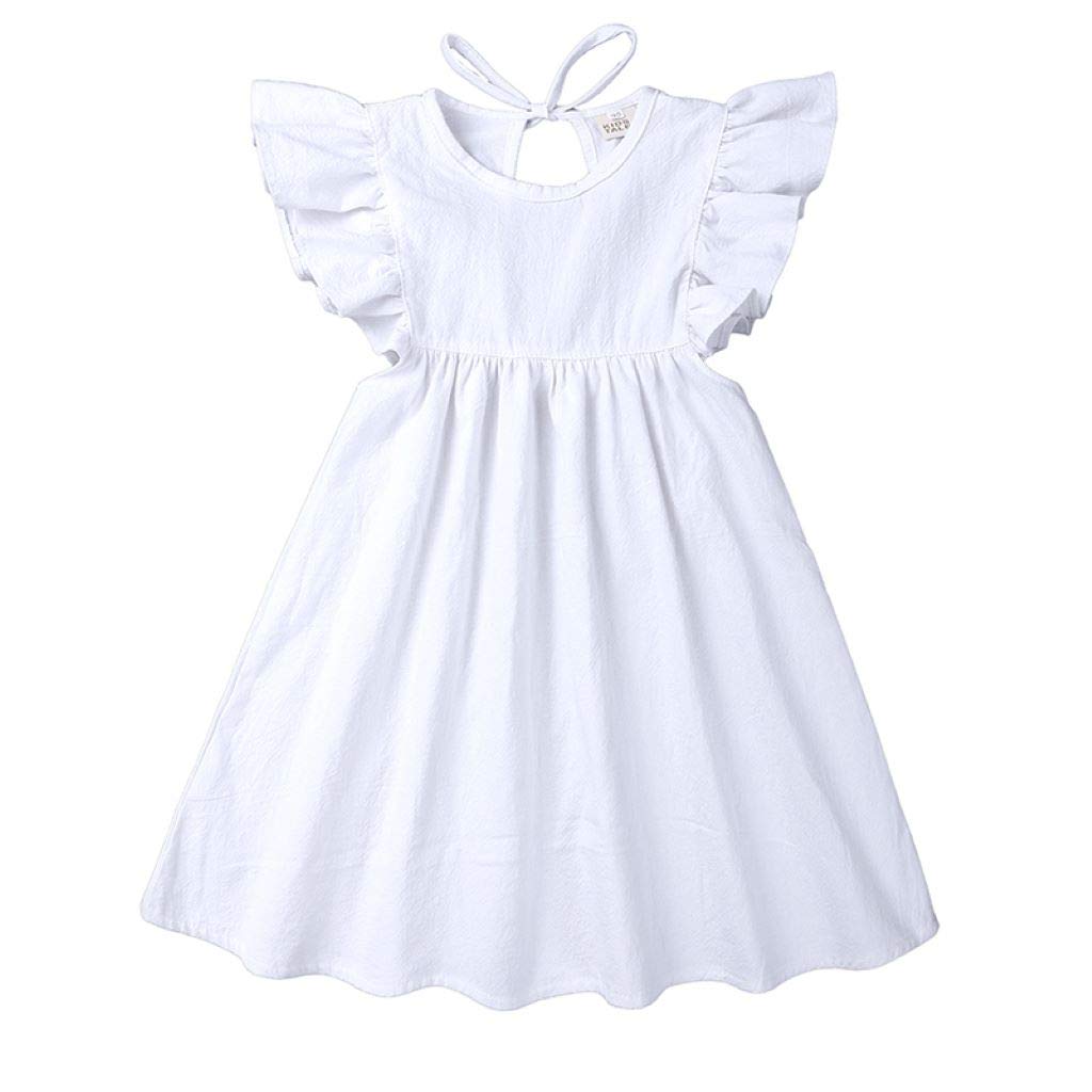 Toddler Baby Girl Dress Summer Cotton Linen Ruffle Halter Sleeveless Kids Casual Beach Party Dresses 2-7 Years (White, 3-4T, 3_Y