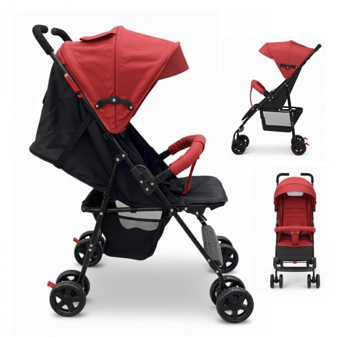 OBABY Stroller with Reclining Seat, Adjustable Canopy, Safety Harness, Smooth Wheels, Compact Folding Design (SmallRed)