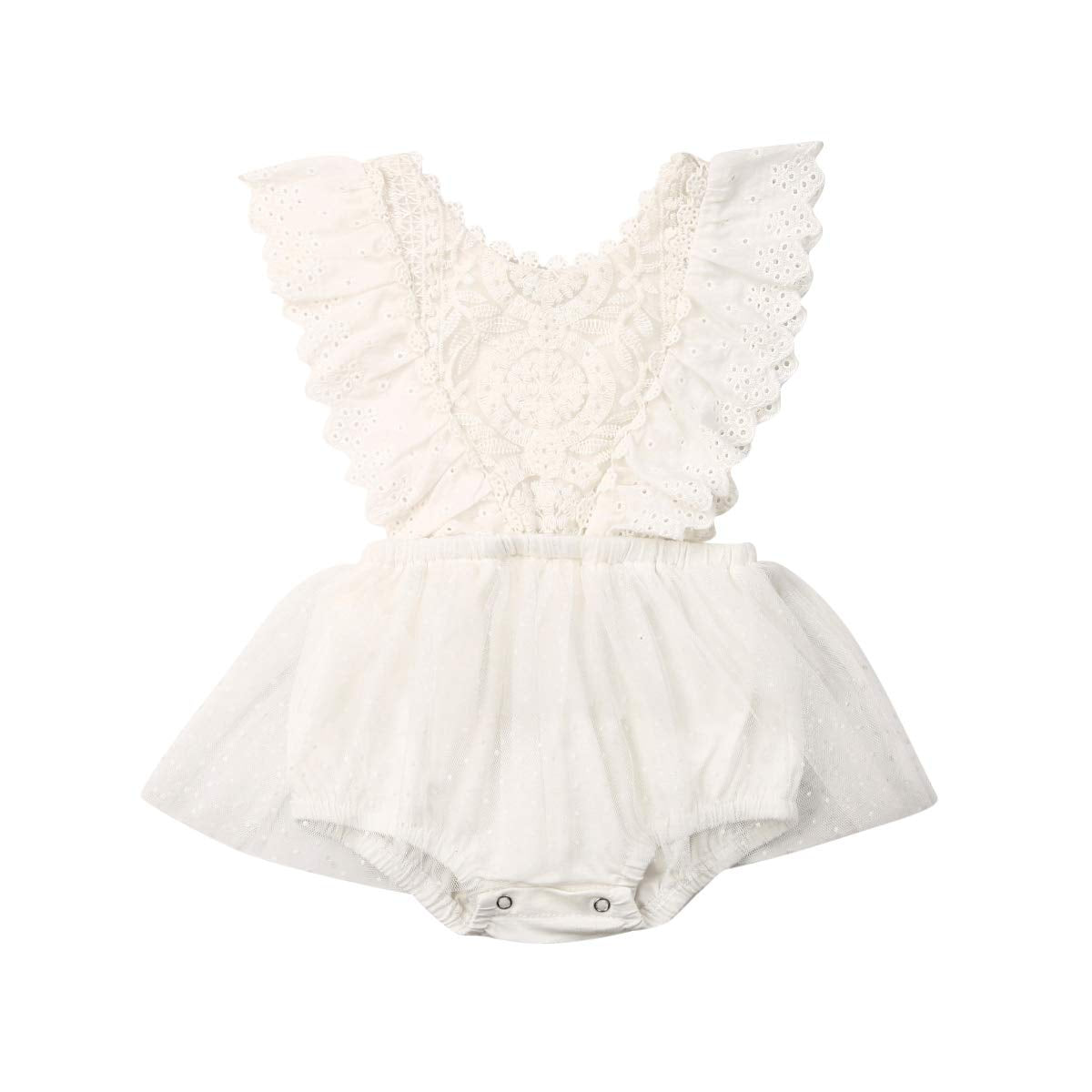 Newborn Kids Baby Girls Clothes Floral Jumpsuit Romper Playsuit Backless Ruffle Headband Sunsuit Outfits (Lace White, 6-12 Month