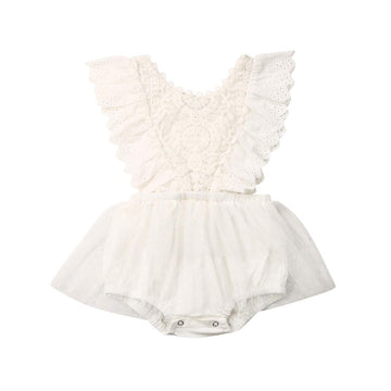 Newborn Kids Baby Girls Clothes Floral Jumpsuit Romper Playsuit Backless Ruffle Headband Sunsuit Outfits (Lace White, 6-12 Month