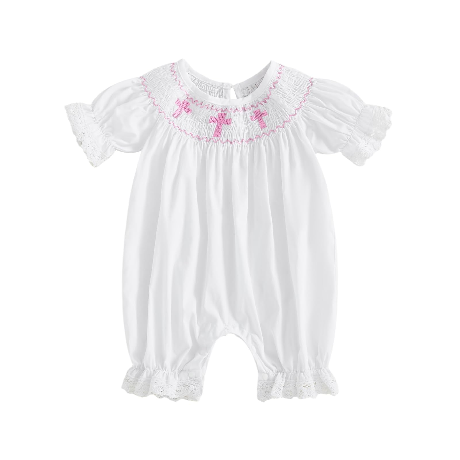 Lamuusaa Newborn Baby Girl Baptism Outfit Smocked Crosses Embroidery Romper One Piece Bodysuit Jumpsuit Summer Clothes (White, 3