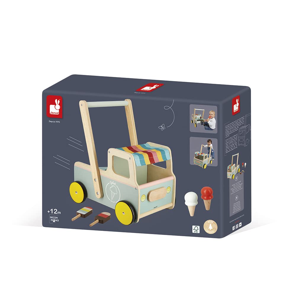 Janod - Janod - Wooden Pull-Along Ice Cream Cart/Trolley - 4 Ice Creams Included - Silent Wheels - Anti-Tip System - FSC-Certifi