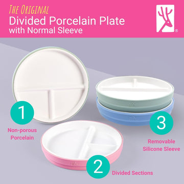 Elk And Friends Kids 6.7    Porcelain White Plates With Silicone Sleeves | Divided Plates | Suitable For Kids/Toddlers | Microwa
