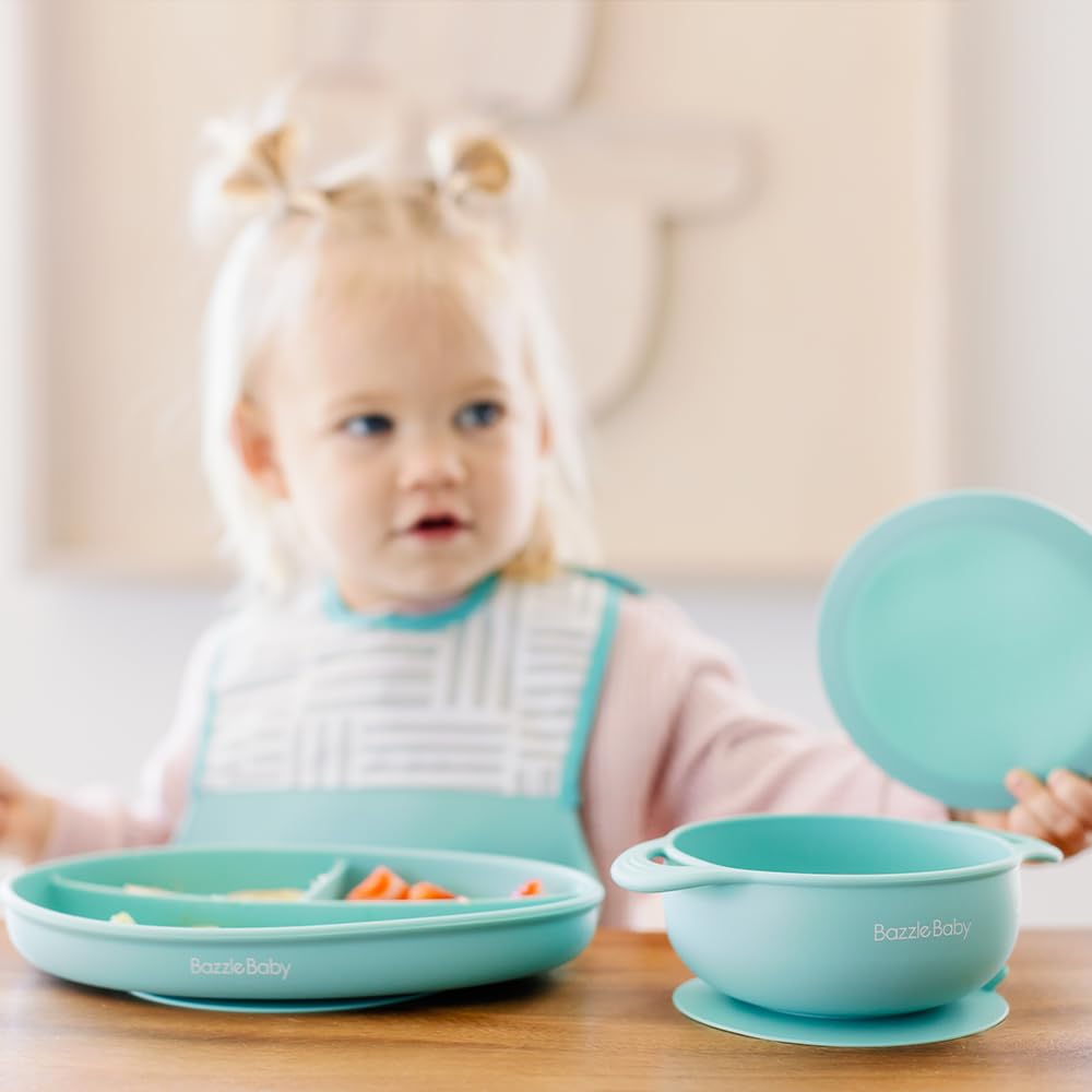 Bazzle Baby Foodie Feeding Set Silicone Roll Up Bib With Food Catcher Suction Plate Bowl Lid And Spoon