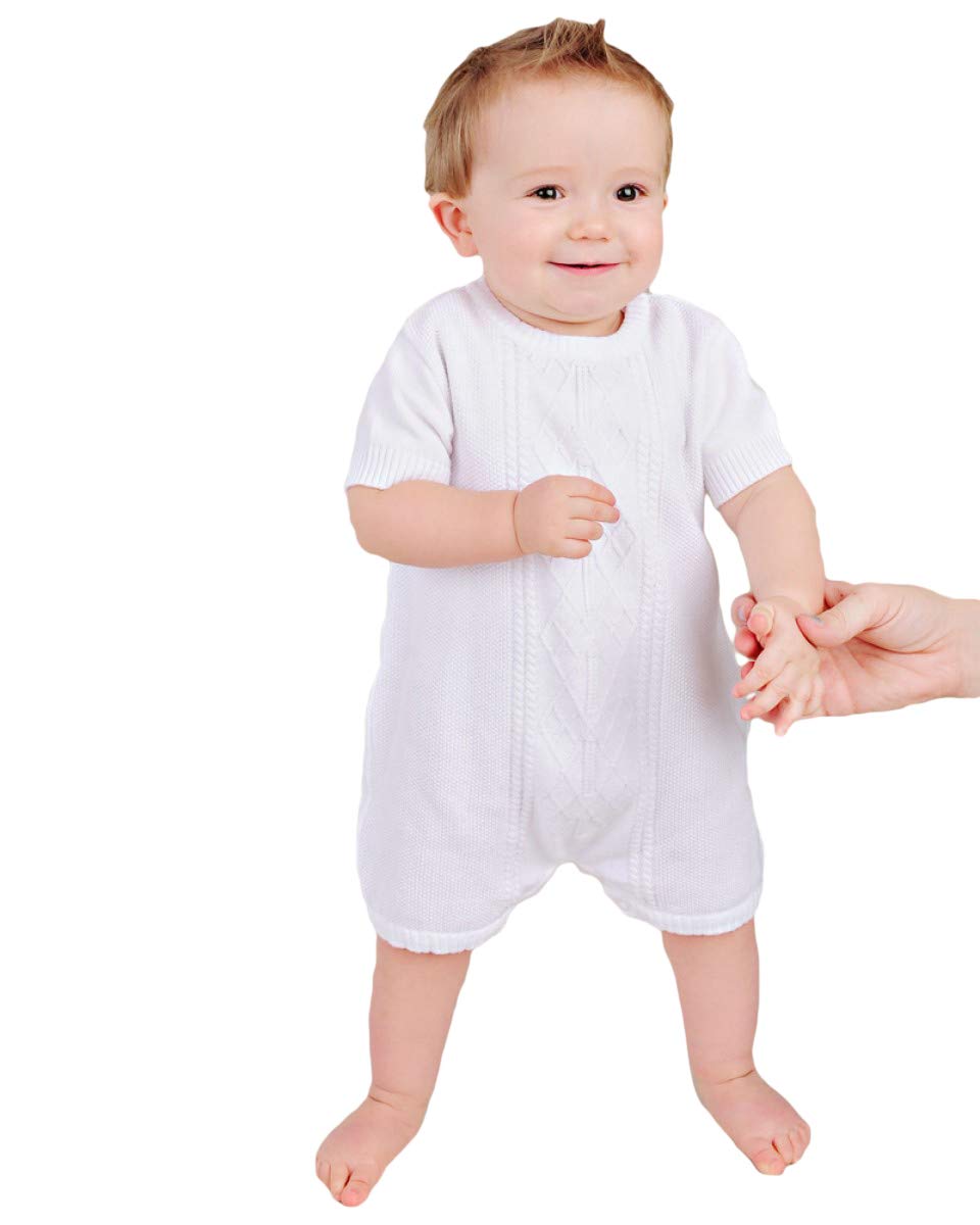 One Small Child Braeden Boys White Knit Short Sleeve Christening Baptism Blessing Outfit - 12M