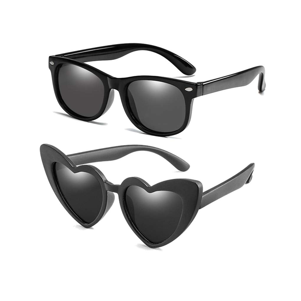 Long Keeper 2 Pair Kids Unbreakable Polarized Classic Retro Sunglasses For Baby, Toddler, Children, Boys And Girls (Black+Black)