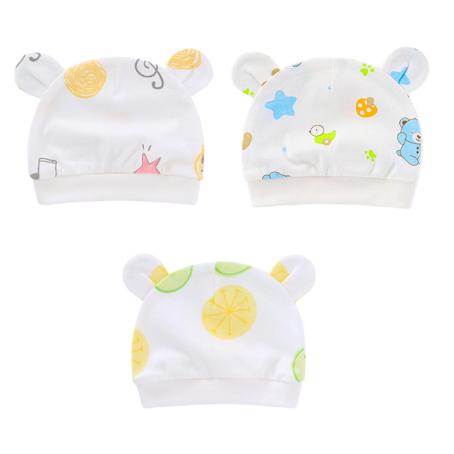 Syga Pack Of 3 Newborn Baby Cap Knitted Cotton Cartoon Printing Double Ear Hat For 03 Months Multicolour