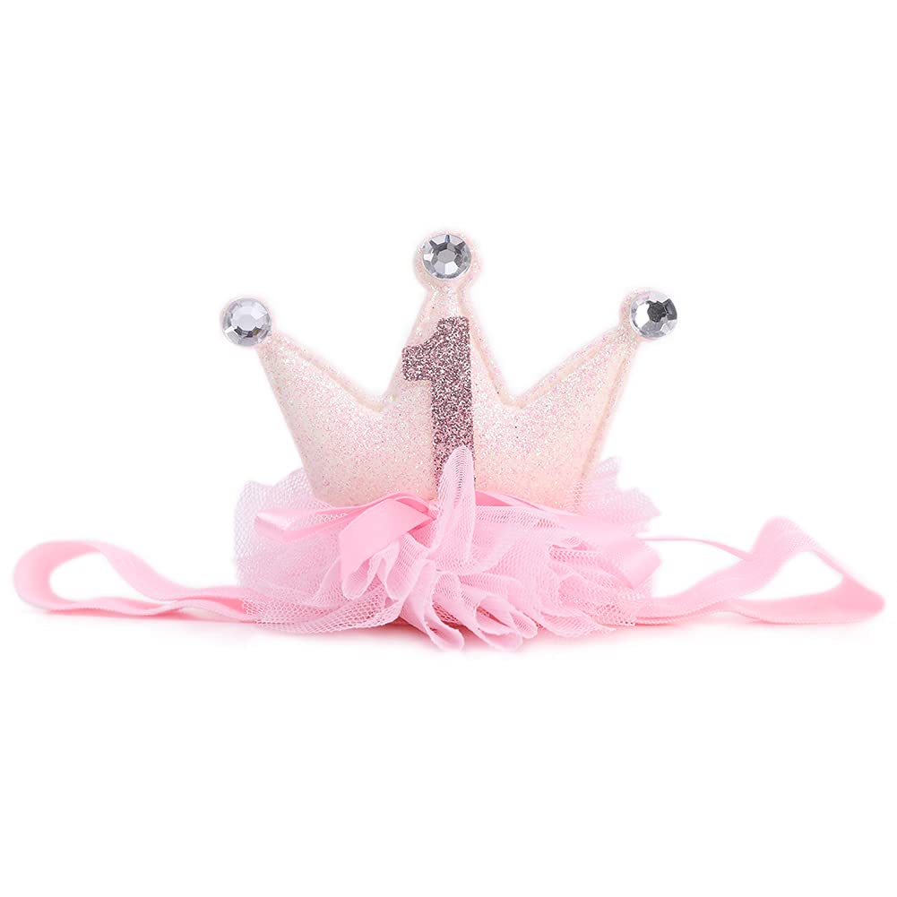Linlulu 1St Birthday Crown Headband For Baby Girls - Elastic Pink Glitter Mini Crown, Princess Crown Headband, Tulle Bow Crown B