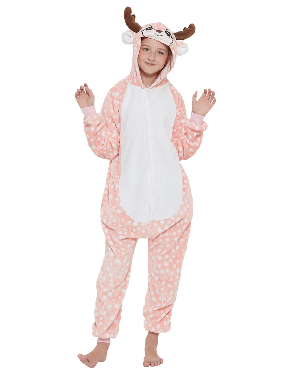 Abenca Kids Deer Onesie Reindeer Costume Animal Girls Pajamas Christmas Halloween Cosplay Sleepwear.Pink Deer.140