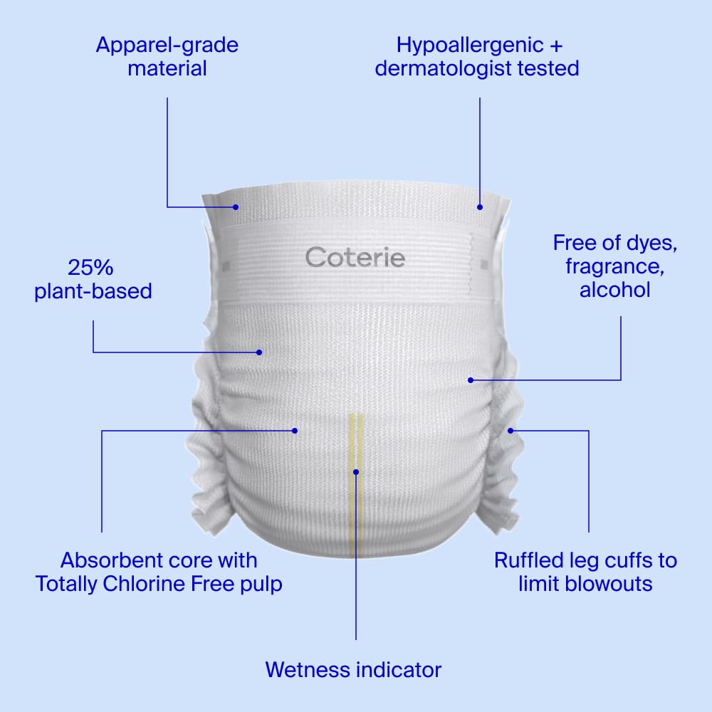 Coterie Baby Diapers + Wipes Baby Kit, Size Nb (186 Count) + 12 Wipe Packs (672 Wipes) Made With Plant Derived Fibers, Hypoaller