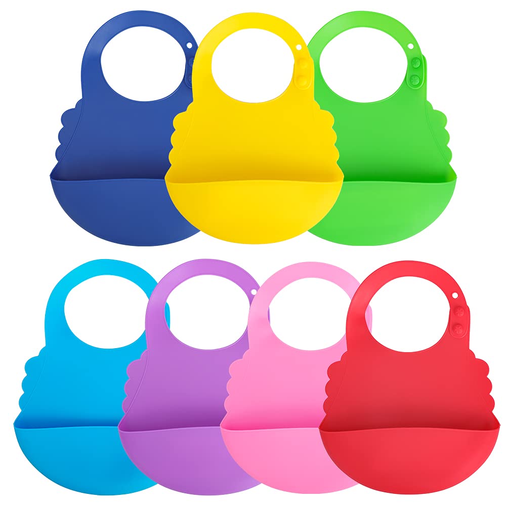 Aricsen 7 Pack Silicone Baby Bibs For Babies & Toddlers (6-72 Months), Plastic Adjustable Fit Waterproof Feeding, Easy Wipe Clea