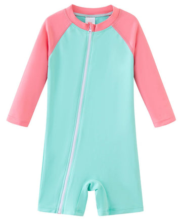 Umelok Baby Girls Swimsuit One Piece Full Zip With Long Sleeve Upf 50+ Sun Protection Sunsuit Pink Green,12M
