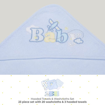 Spasilk Bath Hooded Towels & Washcloths Set For Babies, 23-Piece Gift Set, Blue