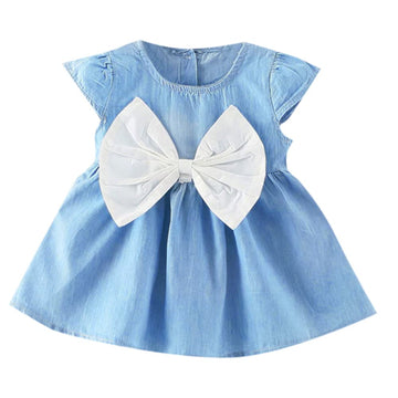 Hopscotch Girls Denim KneeLength Casual Dress With Oversized Bow In Blue Color For Ages 69 Months