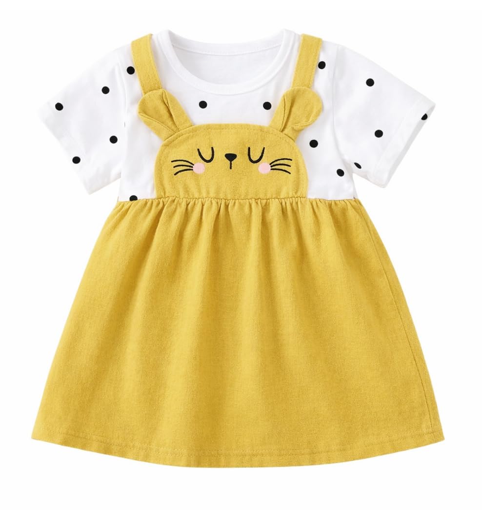 Bold N Elegant Polka Dot Print Cartoon Bunny Summer Cotton Tunic Pinafore Pinny Mini Dress Frock For Infant Toddler Baby Girls (