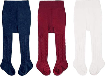 Cozyway Cable Knit Cotton Leggings/Tights For Baby Girls, 3 Pack, White/Navy Blue/Burgundy, 0-6 Months Old