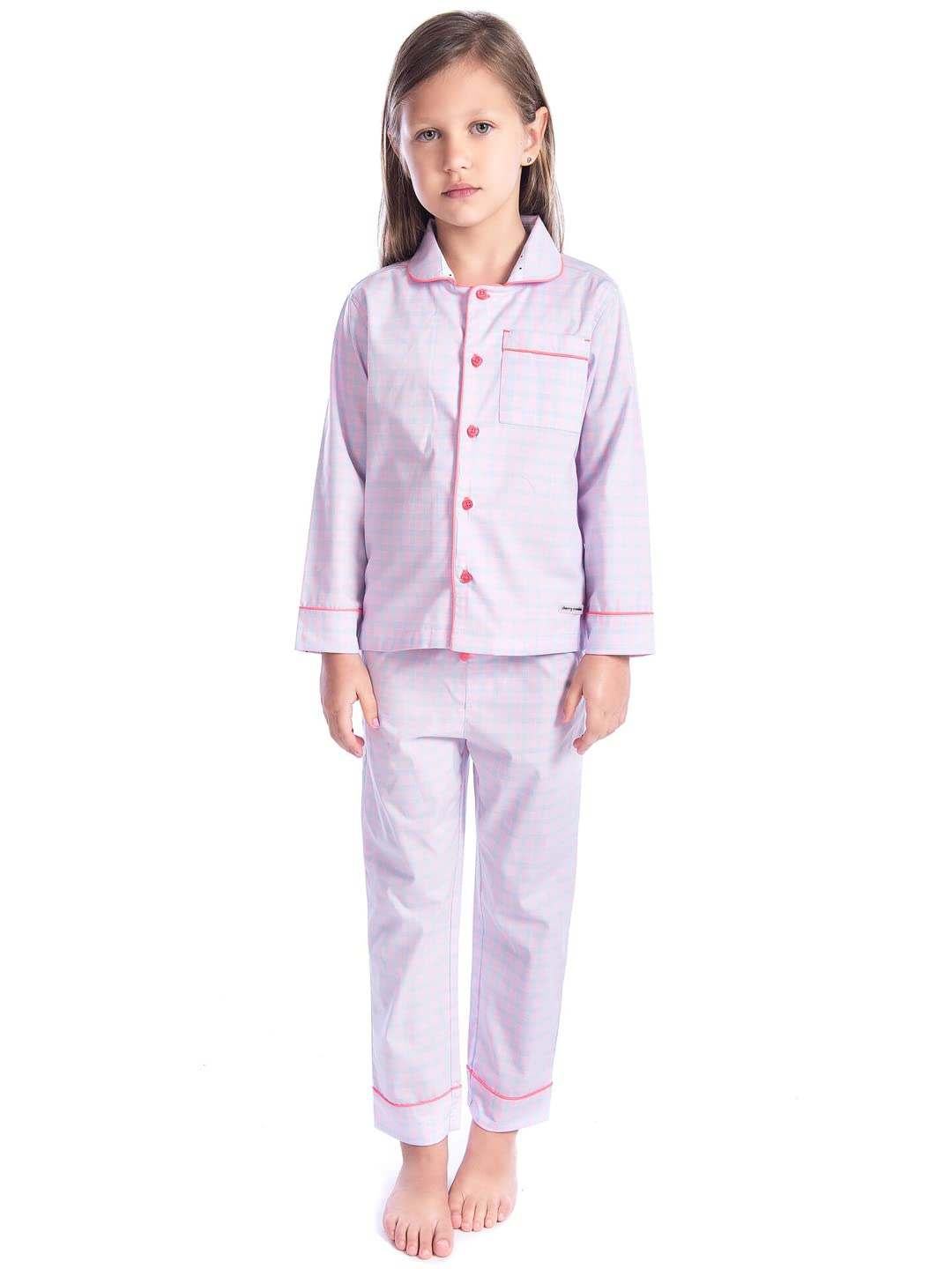Cherry Crumble Pink Checkered 100% Cotton Full Sleeves Collar Neck Night Wear Regular Fit Summer Nightsuit for Girls