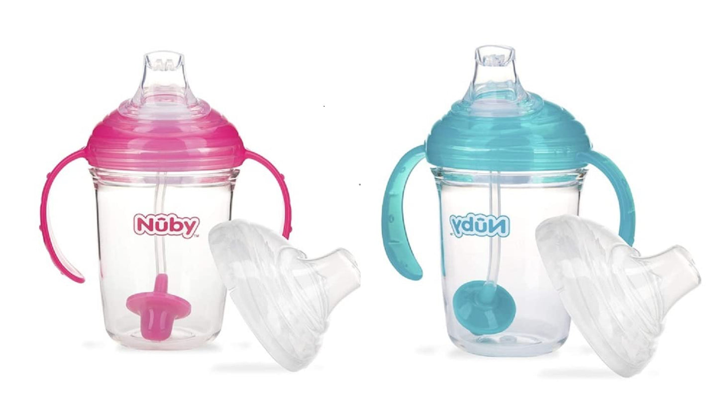Nuby No Spill 360 Weighted Straw Grip N  Sip Tritan Cup with Hygienic Cover, 8 Oz, Trainer Cup (Pink/Teal)