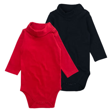 Defahn Baby Turtleneck Bodysuit Long Sleeve Boy Girl Solid Cotton Jumpsuit Outfit 0-24 Months, 2 Pack(0-3 Months, Black/Red)
