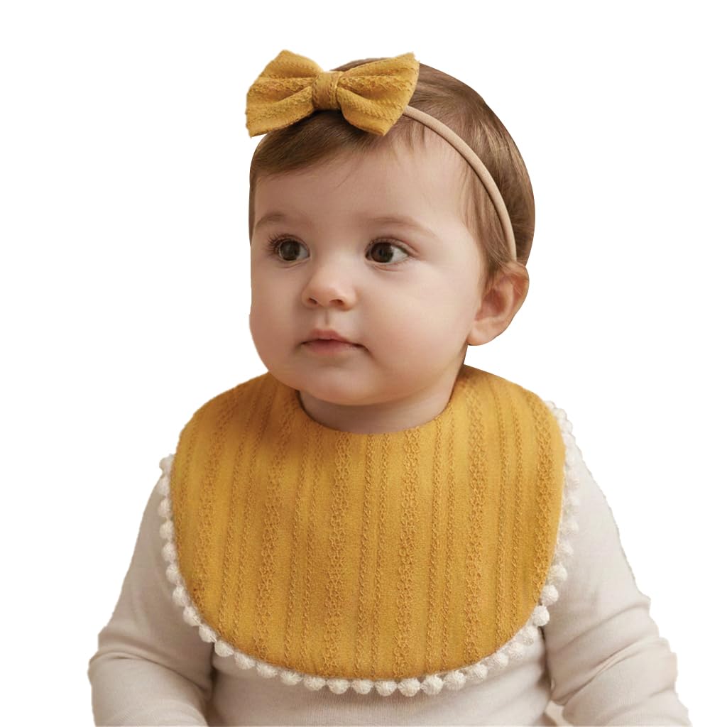 Polka Tots Cotton Embroidery Bow Headband With Reversible Boho Bib Set  Yellow